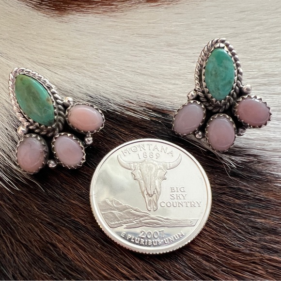 ❤️ Emerald Valley Turquoise & Pink Opal Navajo Style Sterling Cluster Earrings - Picture 5 of 16